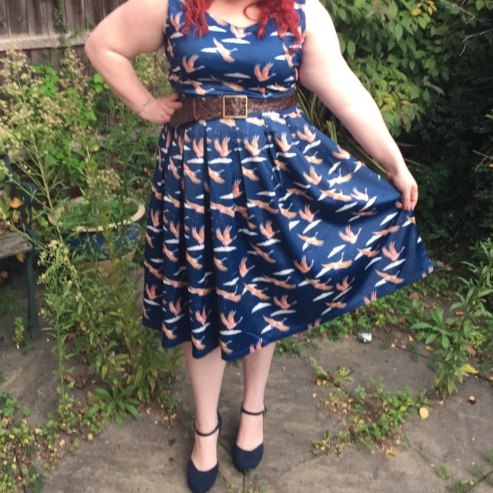 Lindy Bop Blue and Orange Pleated Fit and Flare Dress